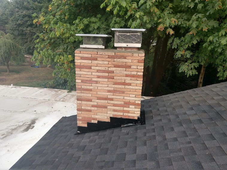 Brick chimney with dual flue on shingled rooftop.